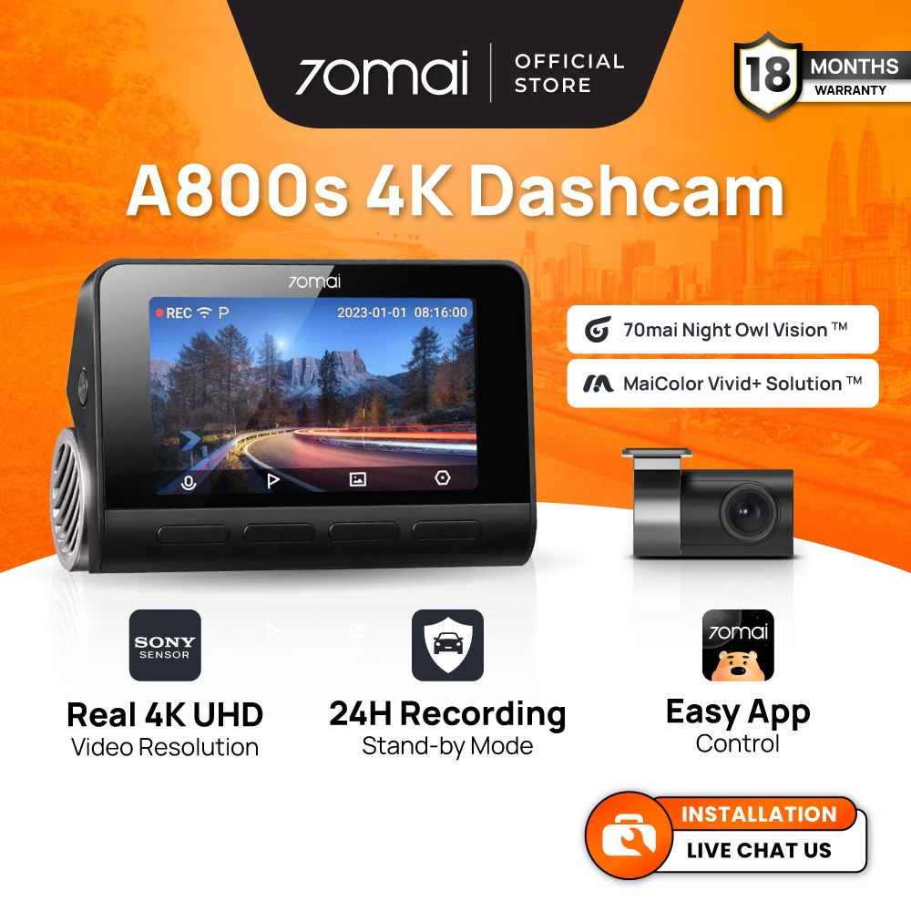 70mai A800s 4K Dash Cam Dual Vision Car Recorder with GPS ADAS (Type-C Version)