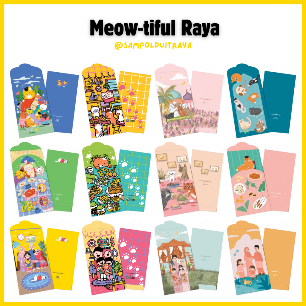 Kucing Meow Cat Purr Paw Potrait Potret Keluarga Family | Sampul Duit Raya Money Packet Viral Envelope Angpau Kawaii