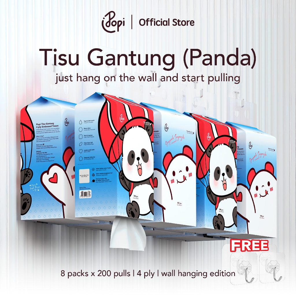 8 pek Popi Tisu Gantung Panda 4 Lapisan | 4 ply Air-Cushion Tissues