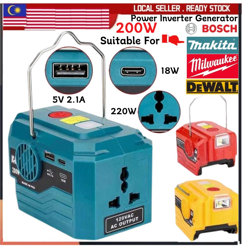 Milwaukee 200W DC AC Power Inverter Makita Dewalt Bosch M18 18V 20V Battery USB 2.1A Type-C 18W LED