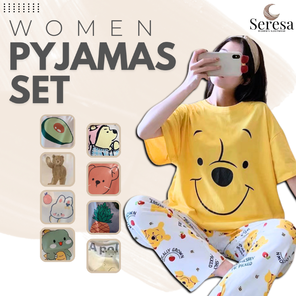 SERESA Women Pyjamas Set Baju Tidur Wanita Soft Cotton Sleepwear Loose Fit Cute Cartoon Homewear