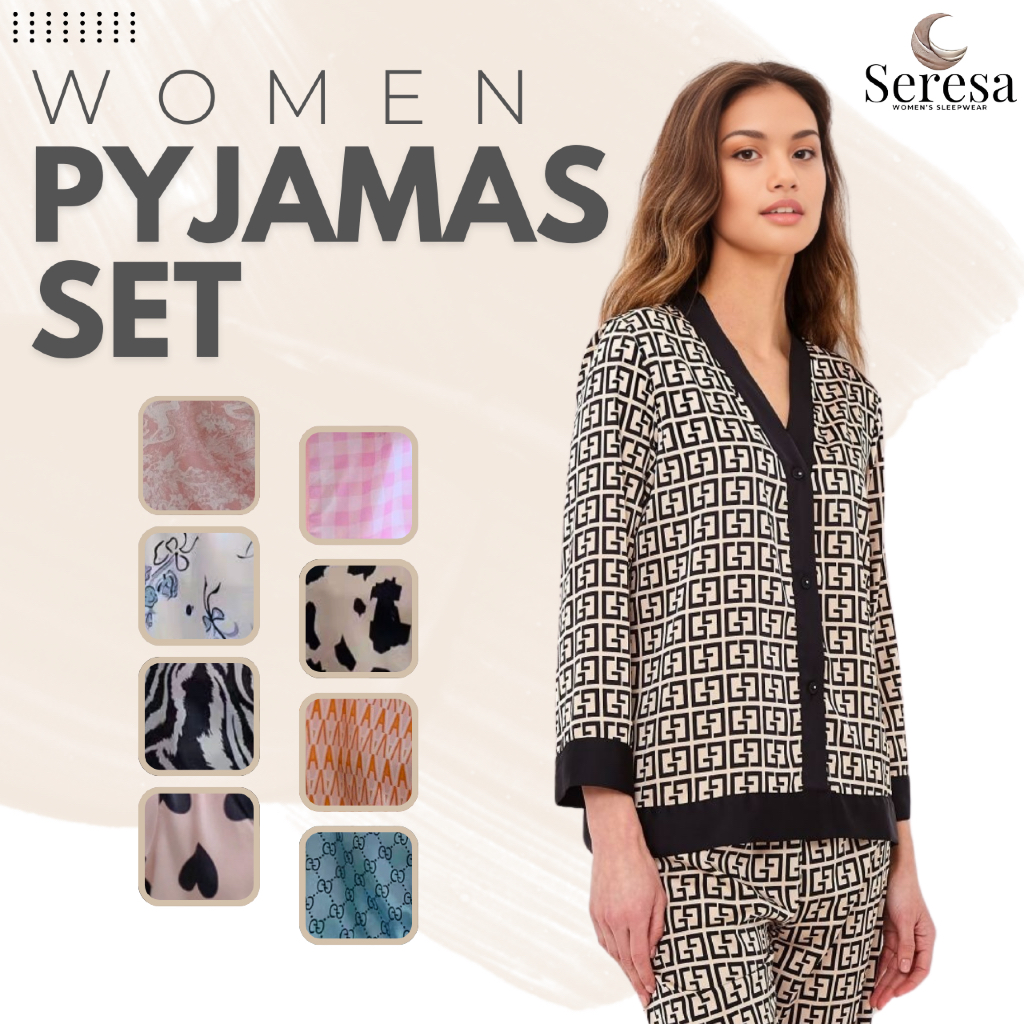 SERESA Women Satin Pyjamas Set Baju Tidur Wanita Soft Silk Sleepwear Pyjamas Set Homewear