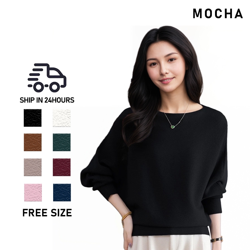 MOCHA Ready Stock Women's Bat Sleeve Sweater Loose Solid Color Single Collar Sweater Knitted Top 針織上衣女 ST245