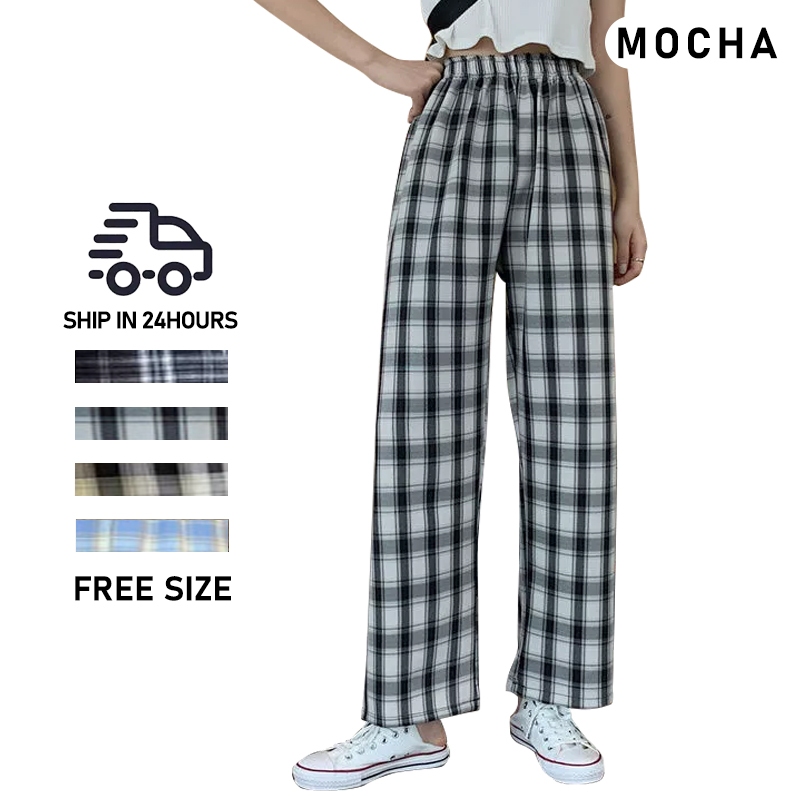 MOCHA Women Plaid Long Pants High Waist Casual Loose Slimming Straight Wide Leg Pants 格子褲 ST306