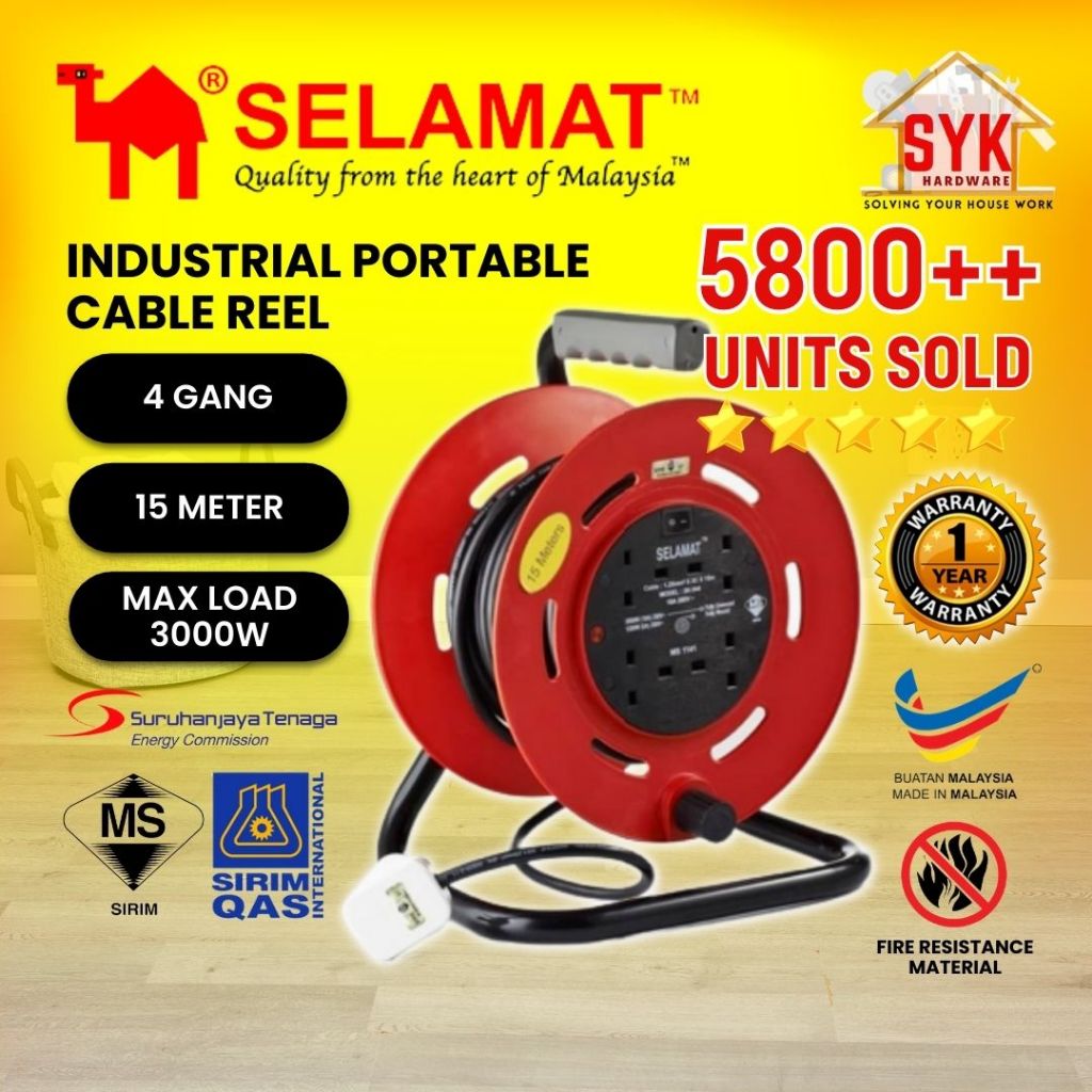 SYK SELAMAT 4 Gang 15 Meter Portable Extension Cable Reel Plug Wire Heavy Duty Extension Cord Penyambung Wayar Extension