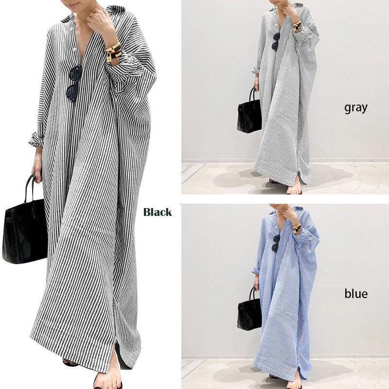 Muuv-It Muslimah Maxi Dress Women Striped Long Sleeve Loose Fit Casual Hem Abaya Jubah Kaftan Gaya Perempuan Fashion