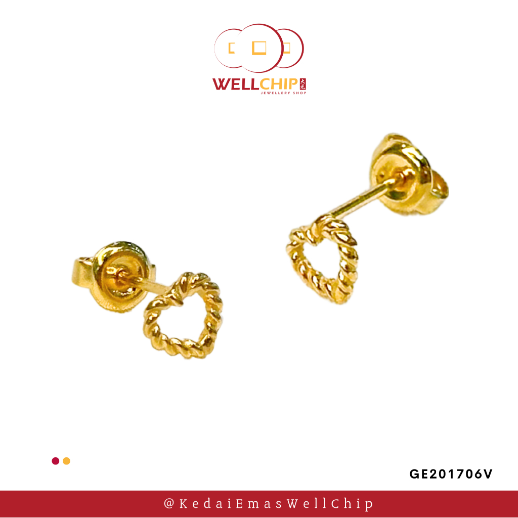 Subang Emas 916 Original | Heart Shaped 916 Gold Stud Earrings | Emas 916 | Kedai Emas WELL CHIP