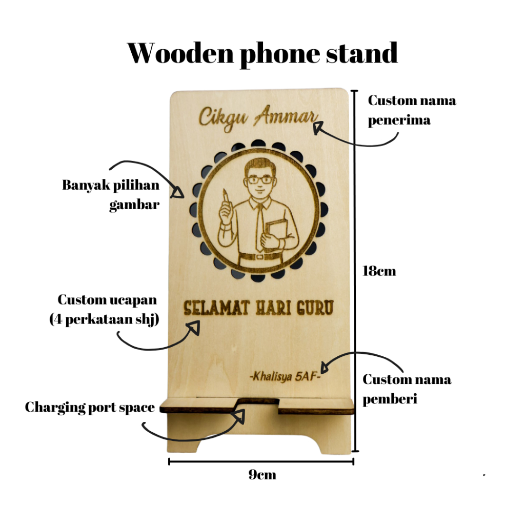 Custom Wooden Phone Holder Hadiah Hari Guru Teacher Day nurse Gift Islamic Patern nurse Design Tempat Letak Telefon Kayu