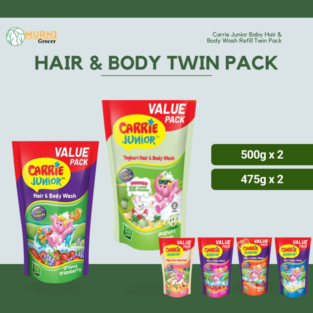Carrie Junior Baby Hair & Body Wash Refill (475g/500g x 2) Value Pack Shampoo Syampu Bayi Rambut Badan | Murni Grocer