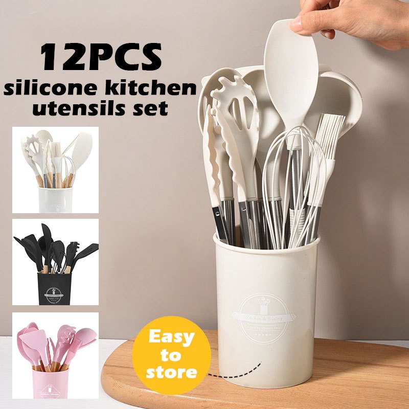 12pcs/set Silicone Kitchen Cooking Non-stick Wooden Handle Silicone Utensil Set, Kitchen Utensil Set