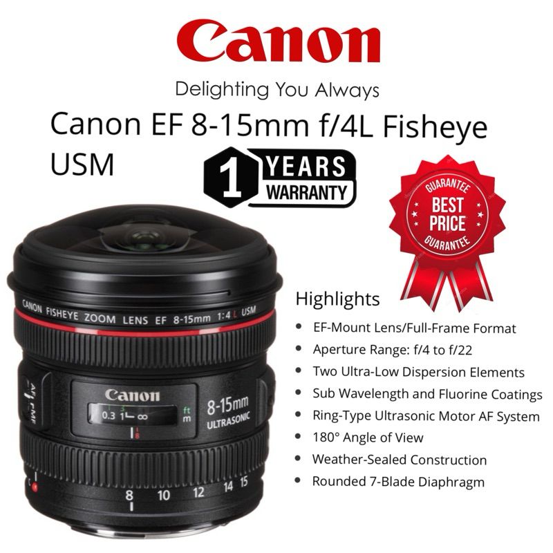 CANON EF 8-15MM F/4L FISHEYE USM LENS (1 YEARS WARRANTY) CANON FULL FRAME ULTRASONIC SUPER HIGH SPEED FISHEYE LENS EOS