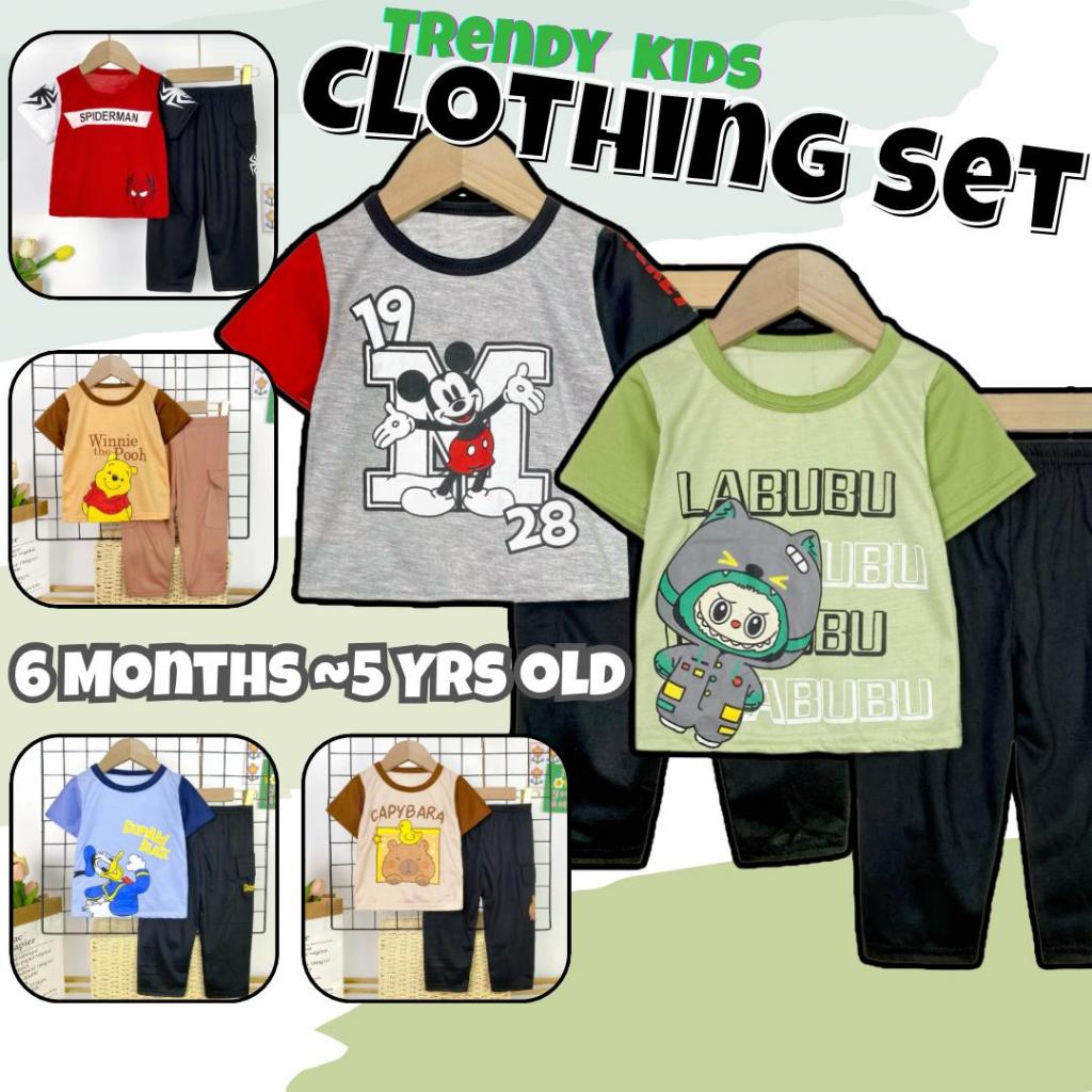CantikBaby Baju Berjalanan Budak Harian Trendy Boy Girls 6 Bln - 5 Thn Set Lengan Pendek & Seluar Panjang Kids Clothes