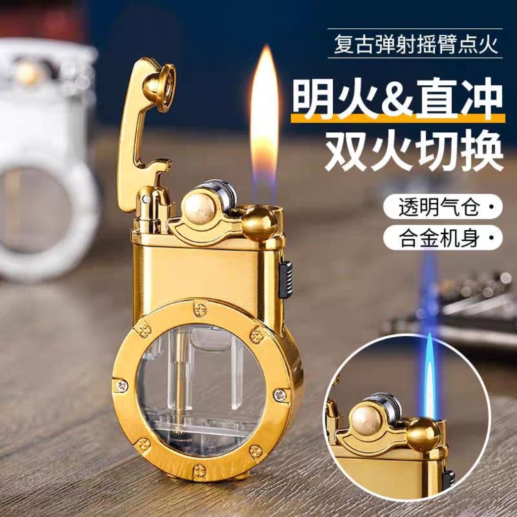 Vintage Retro Transparent Men's Lighter with Rocker Arm Ejection Dual Flame Jet Flame & Ordinary Flame Lighter