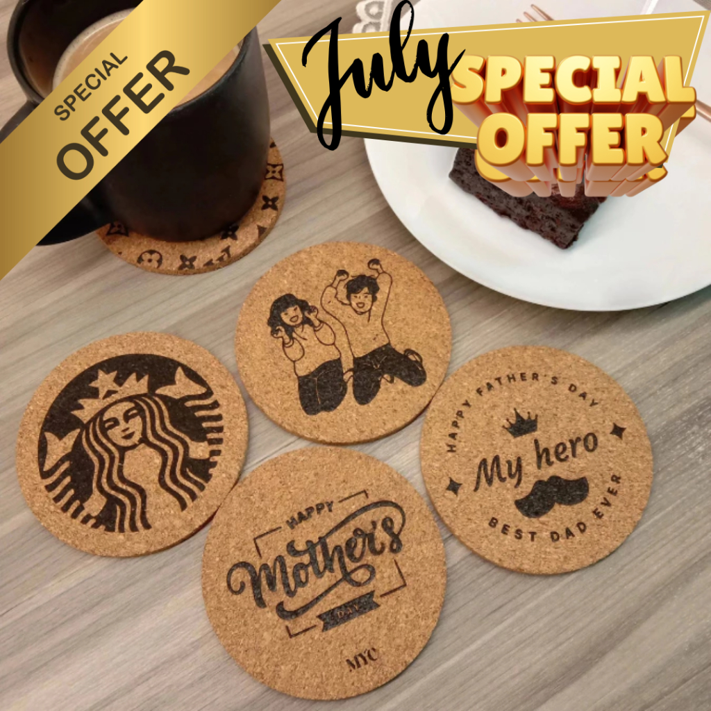 MURAH Local SellerCork Coaster Personalized Laser Engraved Coaster Glossy Wooden, SHIP OUT1-3 DAYS