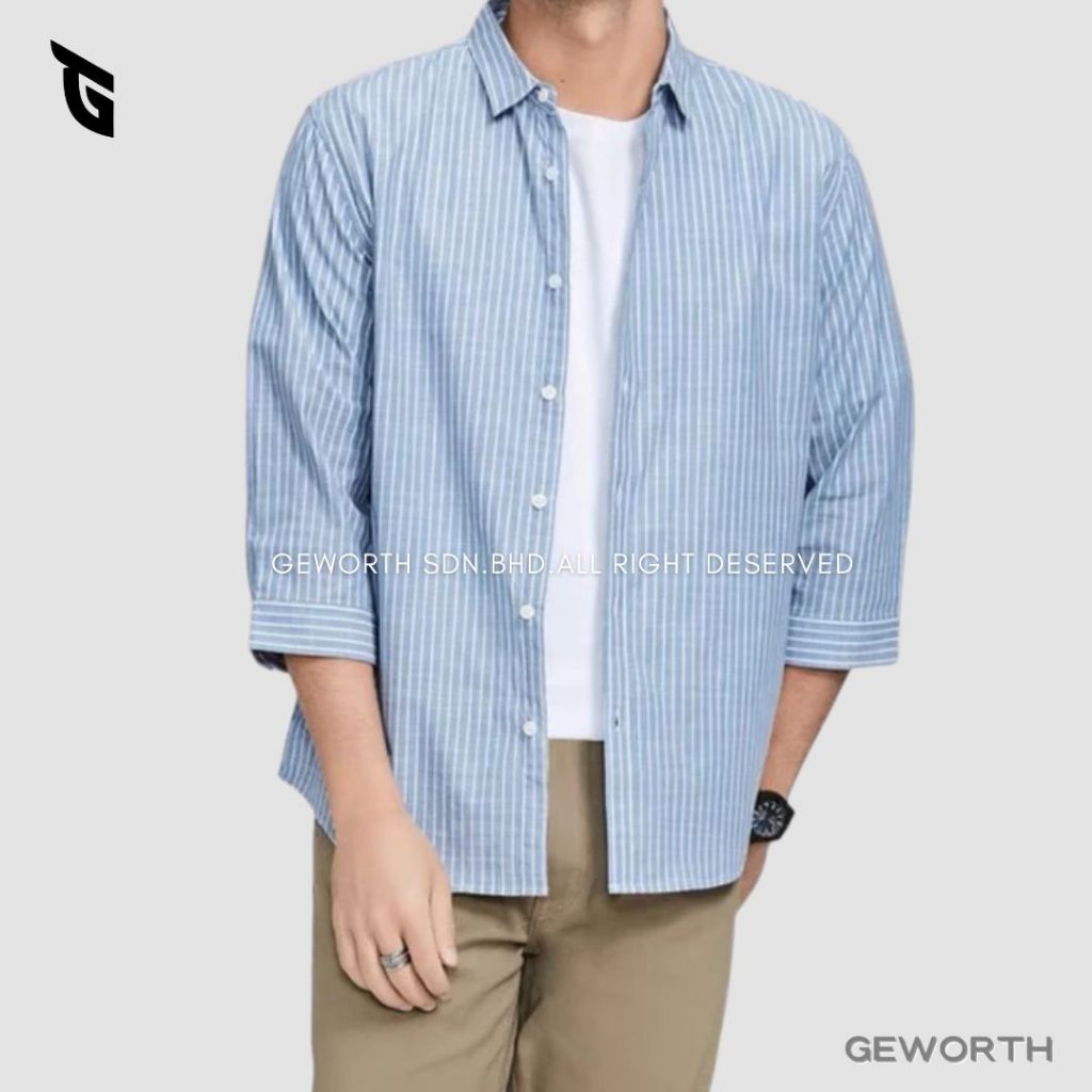 ✅READY STOCK Stylish Striped 3/4 Sleeve Loose Shirt Man Top Casual Shirt Wear Collar Baju Lelaki