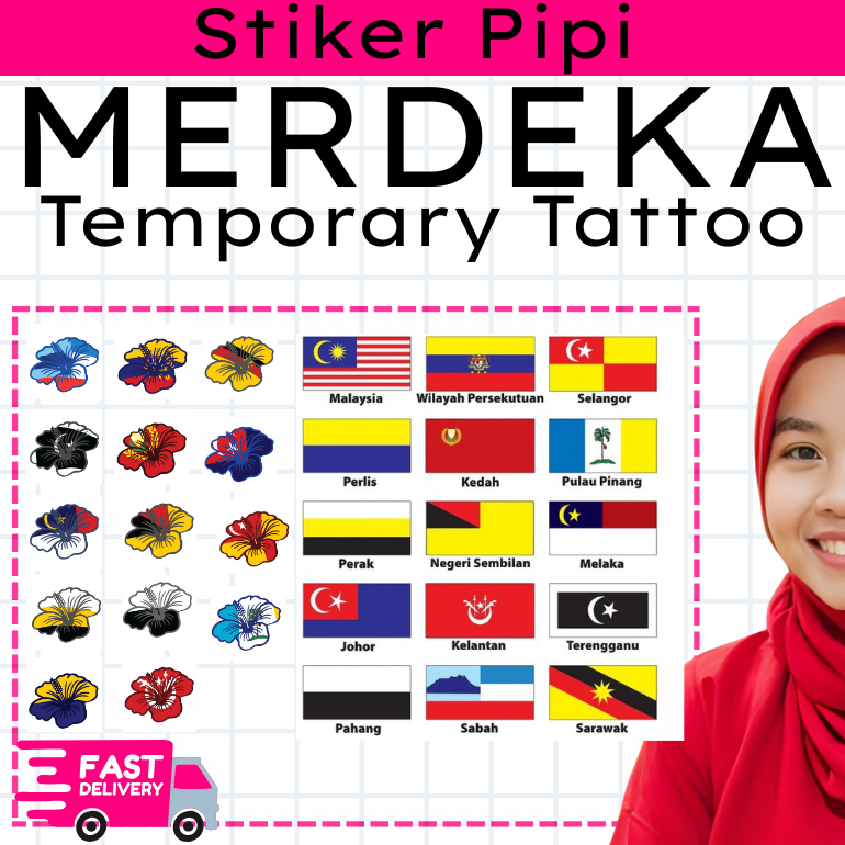 Sticker pipi Tattoo dan Biasa bendera negeri malaysia WHITE BASED PUTIH