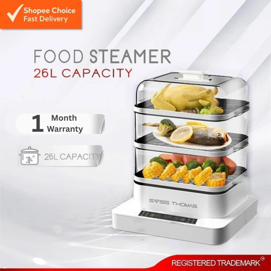 Swiss Thomas 3 Tier Multi-Function Electric Steamer with Transparent Cover 26L