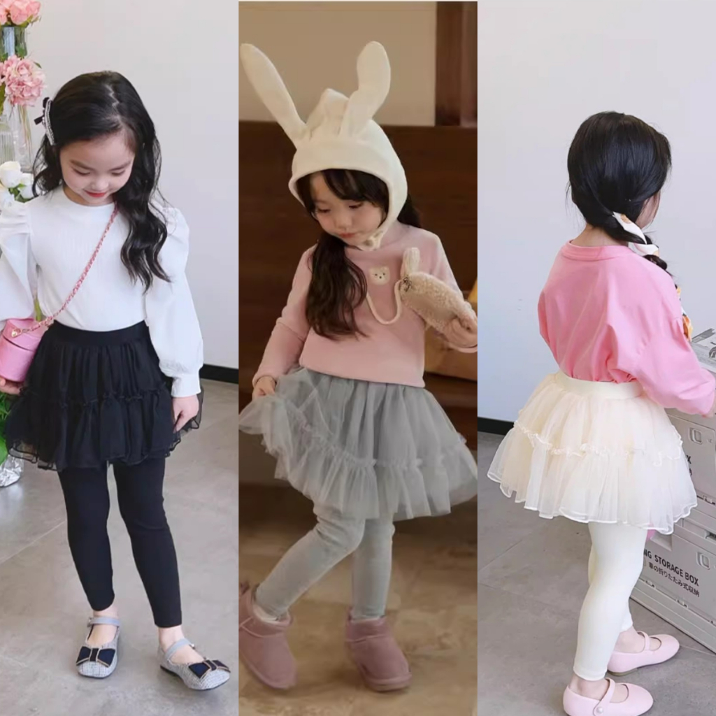 Kids Girl Skirt Legging | Baby Girl Tutu Pants 1-8Y | Toddler Legging with Skirt | Casual Raya Merdeka Outfit | White Gr