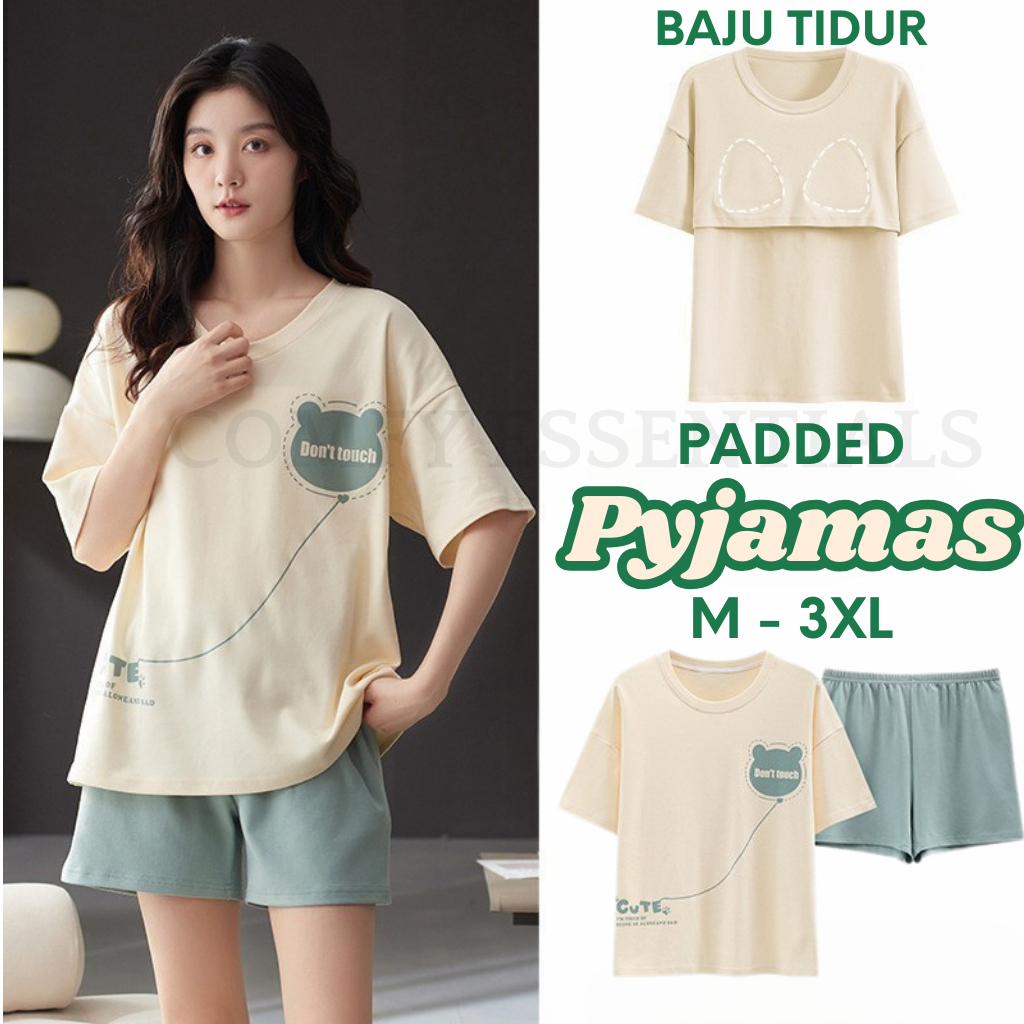 ?? Padded Baju Tidur Perempuan Short Sleeves Short Pants M - 3XL Wanita Sleepwear Nightwear Pyjamas Ladies Cotton Silk