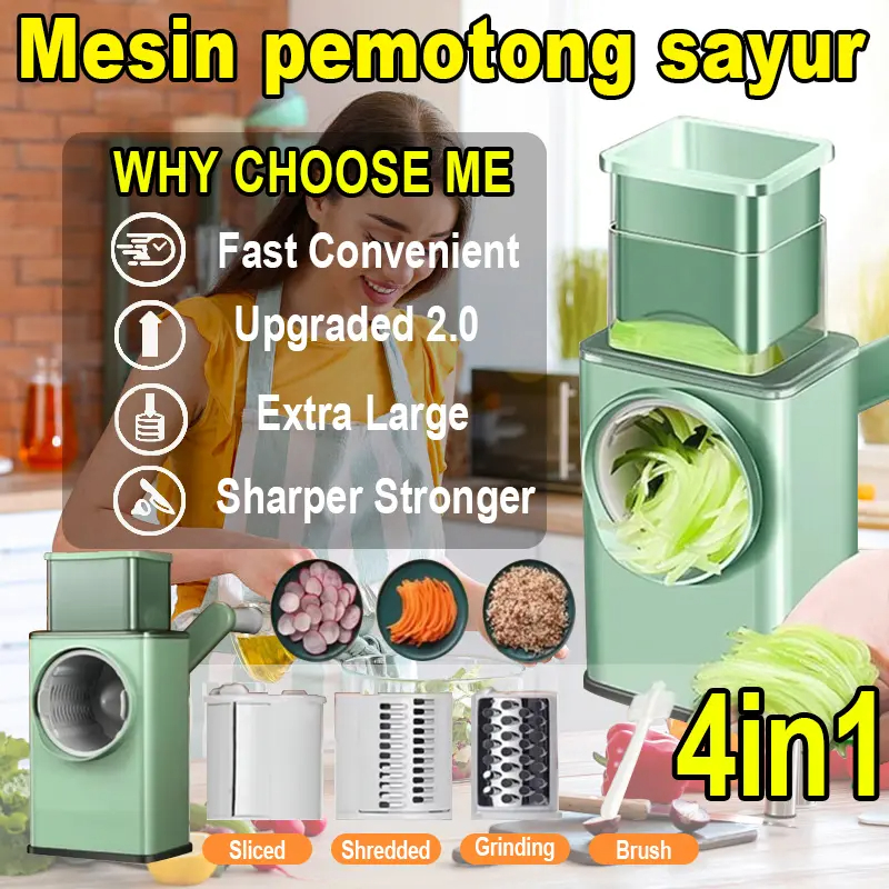 4-IN-1 Stainless Steel Vegetable Slicer | 6 Blades Anti-Slip Base | Food Grater for Cheese, Salad, Fries