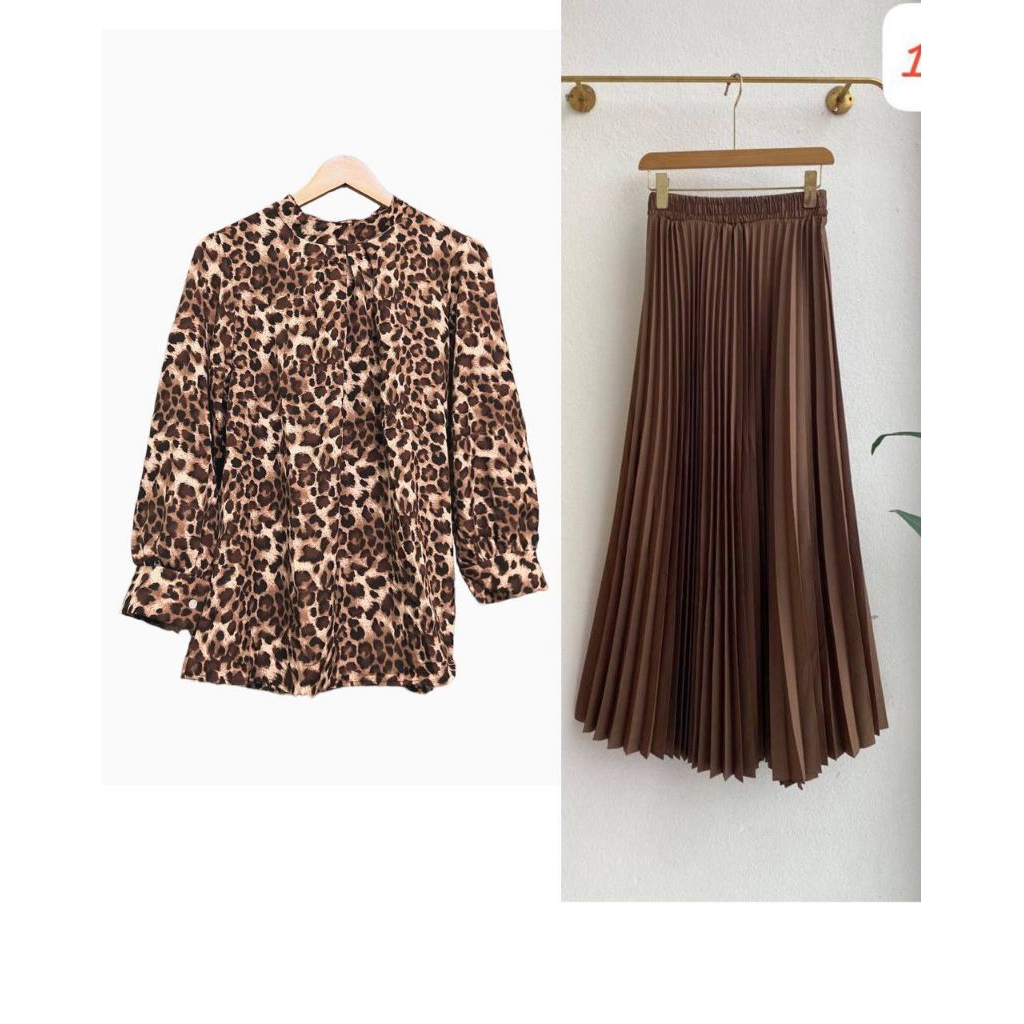 ?TMB?Baju set skirt  design terbaru / Blouse viral leher bulat / Baju murah terkini / Baju design baru