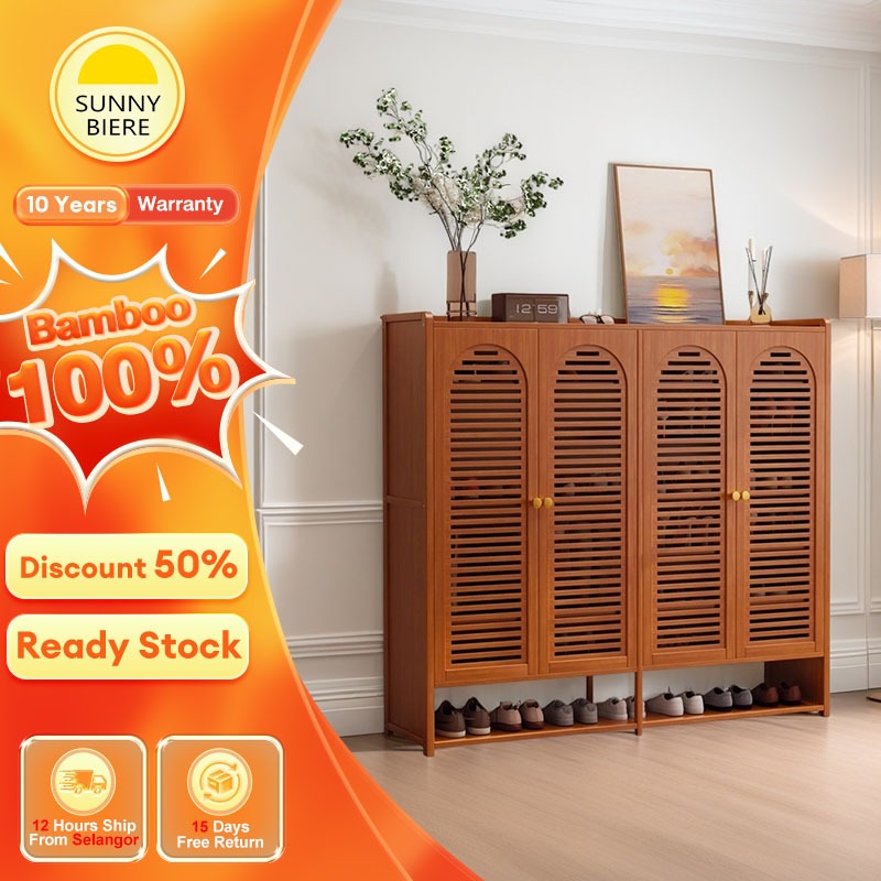 SUNNY Bamboo Shoe Cabinet Almari Kasut 2/3/4 Door Shoe Rack Cabinet Vintage Shoes Storage 鞋柜