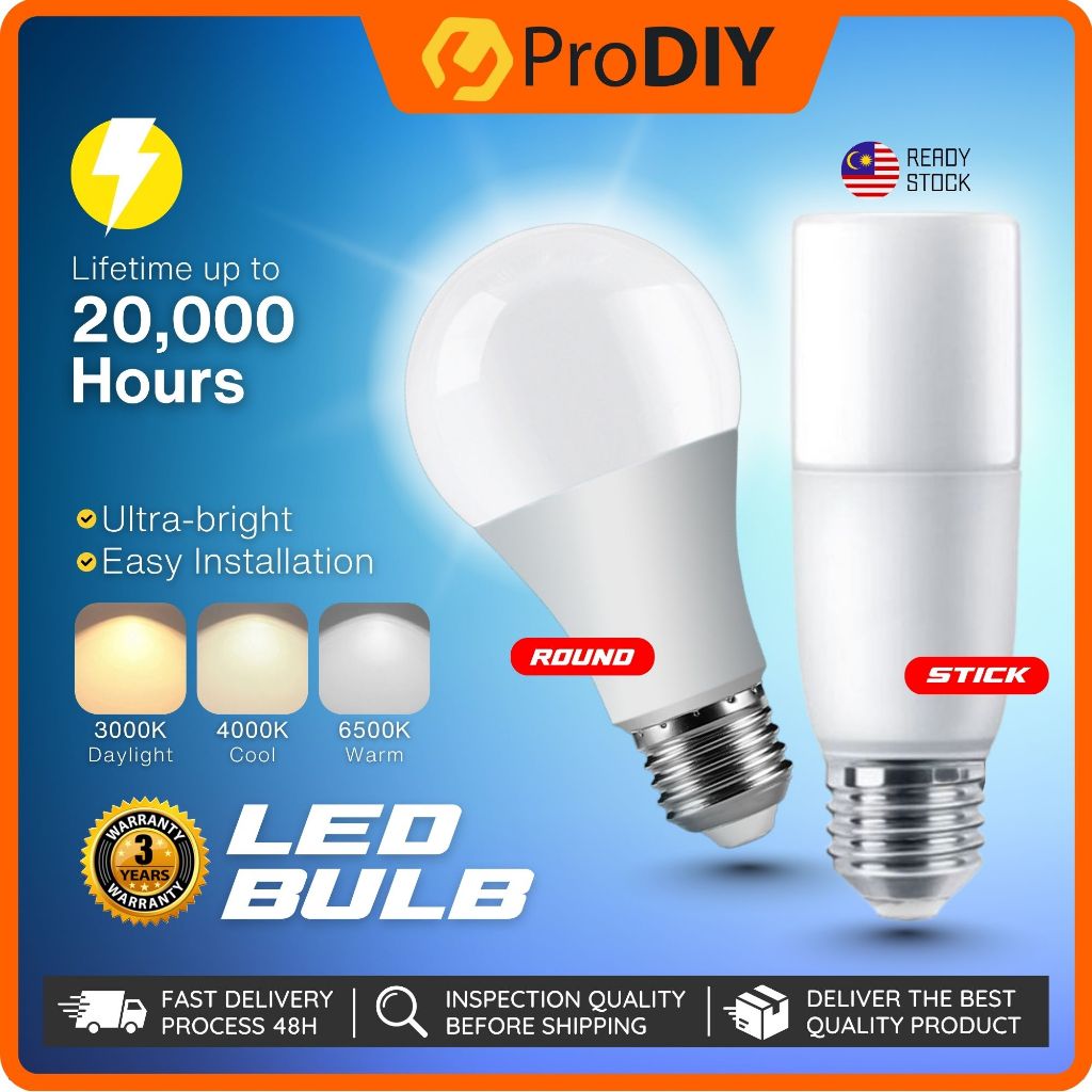 PRODIY LED Bulb 5W 10W 15W 20W 3000K Warm Light Bulb 4000K Cool Light 6500K Daylight E27 Lampu Siling Mentol Led Rumah