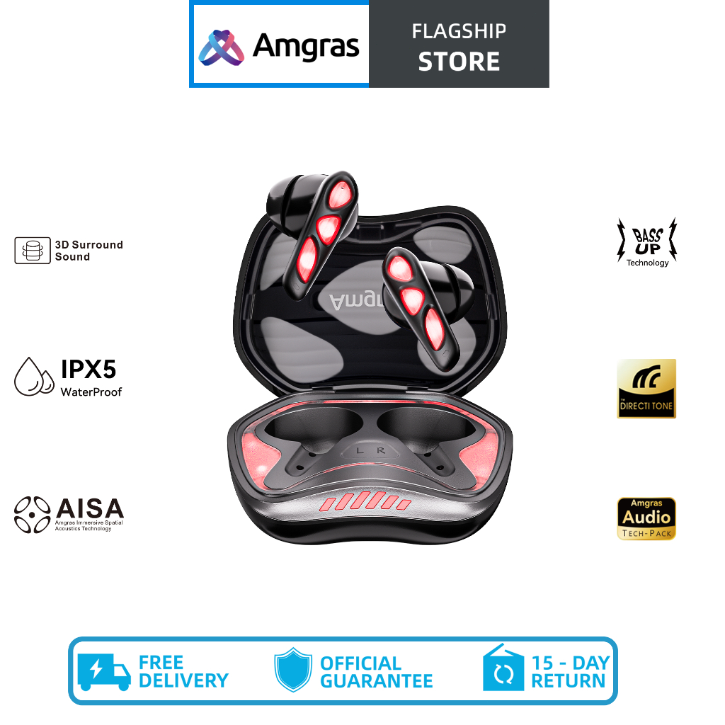 Amgras XNew Buds Gaming earphone bluetooth earbud Low latency 6Mic ENC Noise Reduction RGB Light Stereo Super bass IPX5