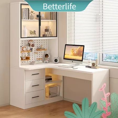 L-shaped Table, Meja Bentuk L, Dengan Meja Rak Buku Sisi, Meja Komputer, Meja Kajian, Meja Permainan, Meja Pejabat
