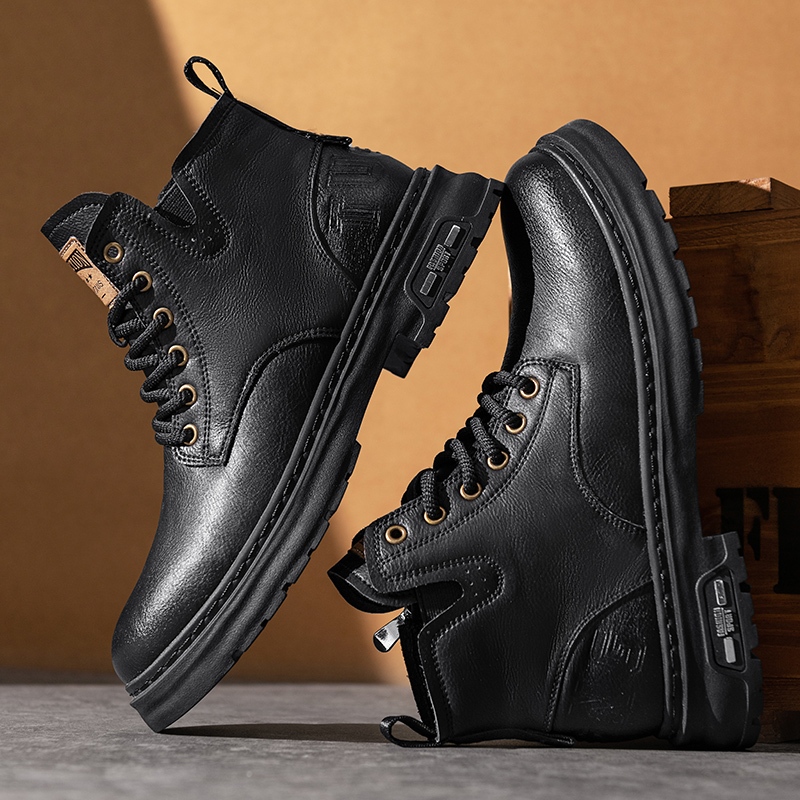 【COD】Martin Boots Men's High-Gain Leather Shoes Short Work Boots Black Leather Booties Casual Fashion Boots