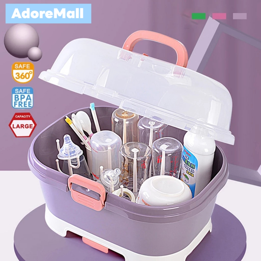 AdoreMall Portable Baby Bottle Storage Box Nursing Bottle Drying Rack Dustproof Baby Bottle Organizer Botol Susu奶瓶收纳箱