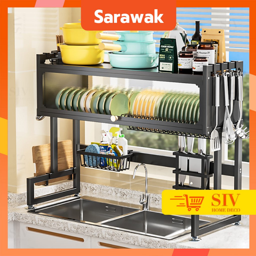 SIV(Sarawak) 65-125cm Dish Cabinet Rack Over-The-Sink Dish Drainer Drying Rack Plate Storage Kitchen Organizer Shelf
