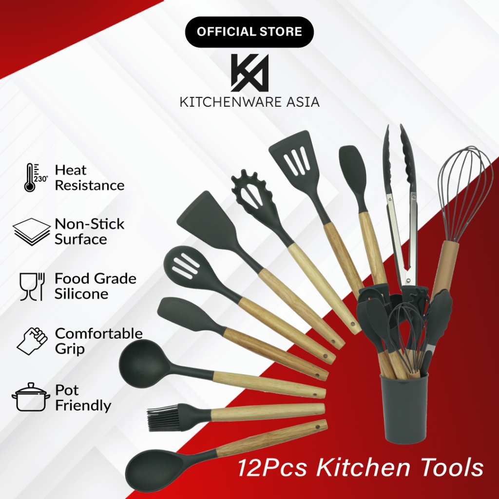 KITCHENWARE ASIA 12pcs Silicone Kitchen Utensil Set Baking Tools Cooking Tools Turner Spatula Ladle