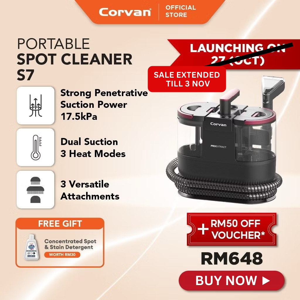 [LAUNCH EXTENDED TILL 3 NOV!] Corvan S7/S6 TurboDry Spot Cleaner: Fabric & Carpet Stain Remover | 5YRS MOTOR WARRANTY