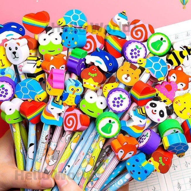 1PC Cartoon Pencil With Cute Eraser Children School Supplies Kwaii Rubber Head Pencils （Random）