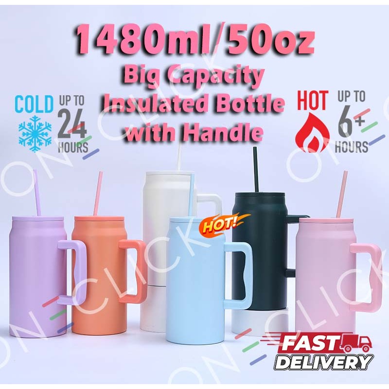 Modern 50oz Simple Car Cup Tumbler With Handle And Straw Lid Thermos Cup Reusable Stainless Steel Water Bottle 1500ml