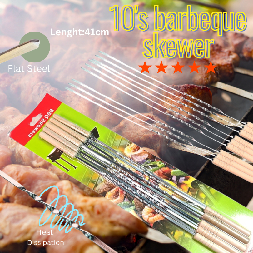 SPIRAL 10'S FLAT STEEL BARBEQUE SKEWER SET/BBQ SKEWERS/GRILLED STICK WITH WOOD HANDLE/LENGHT:41CM