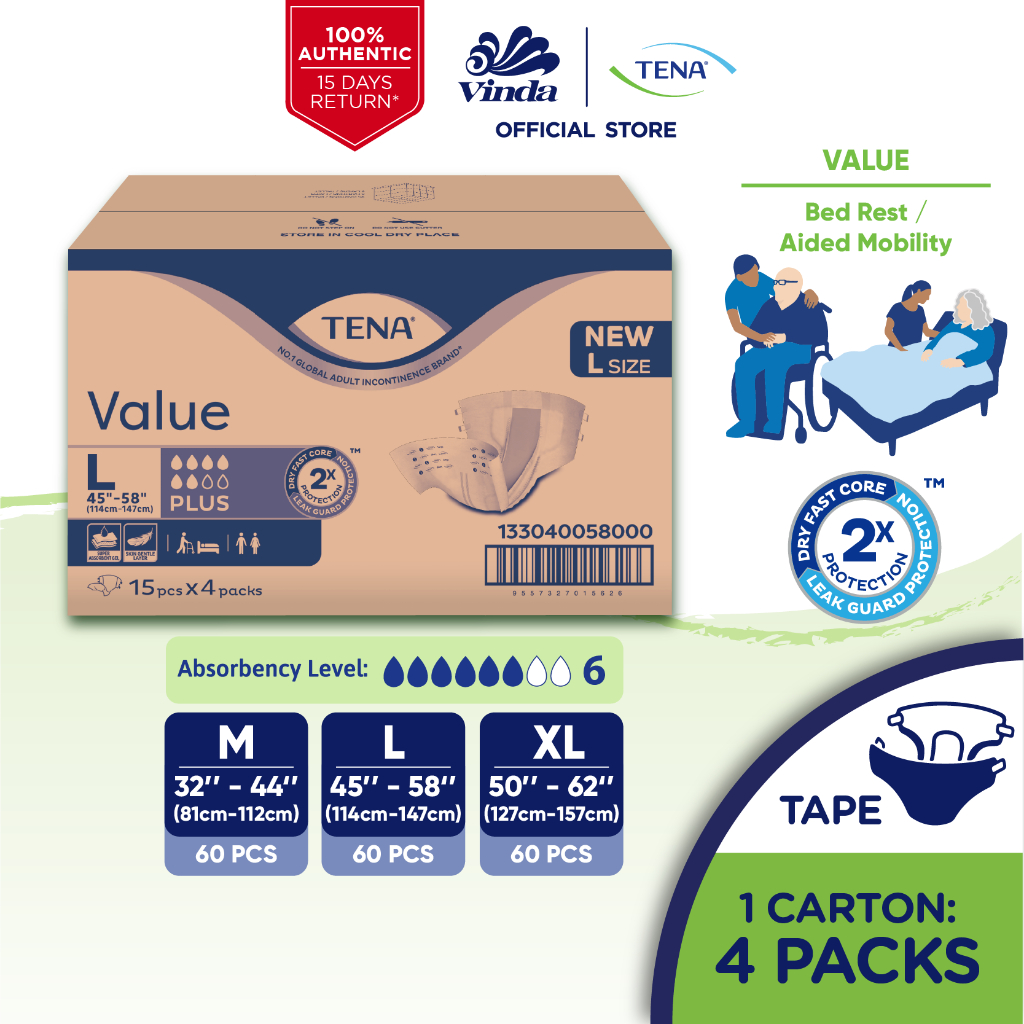 TENA Value Box Adult Diaper M15/L15/XL15 (4 Packs)