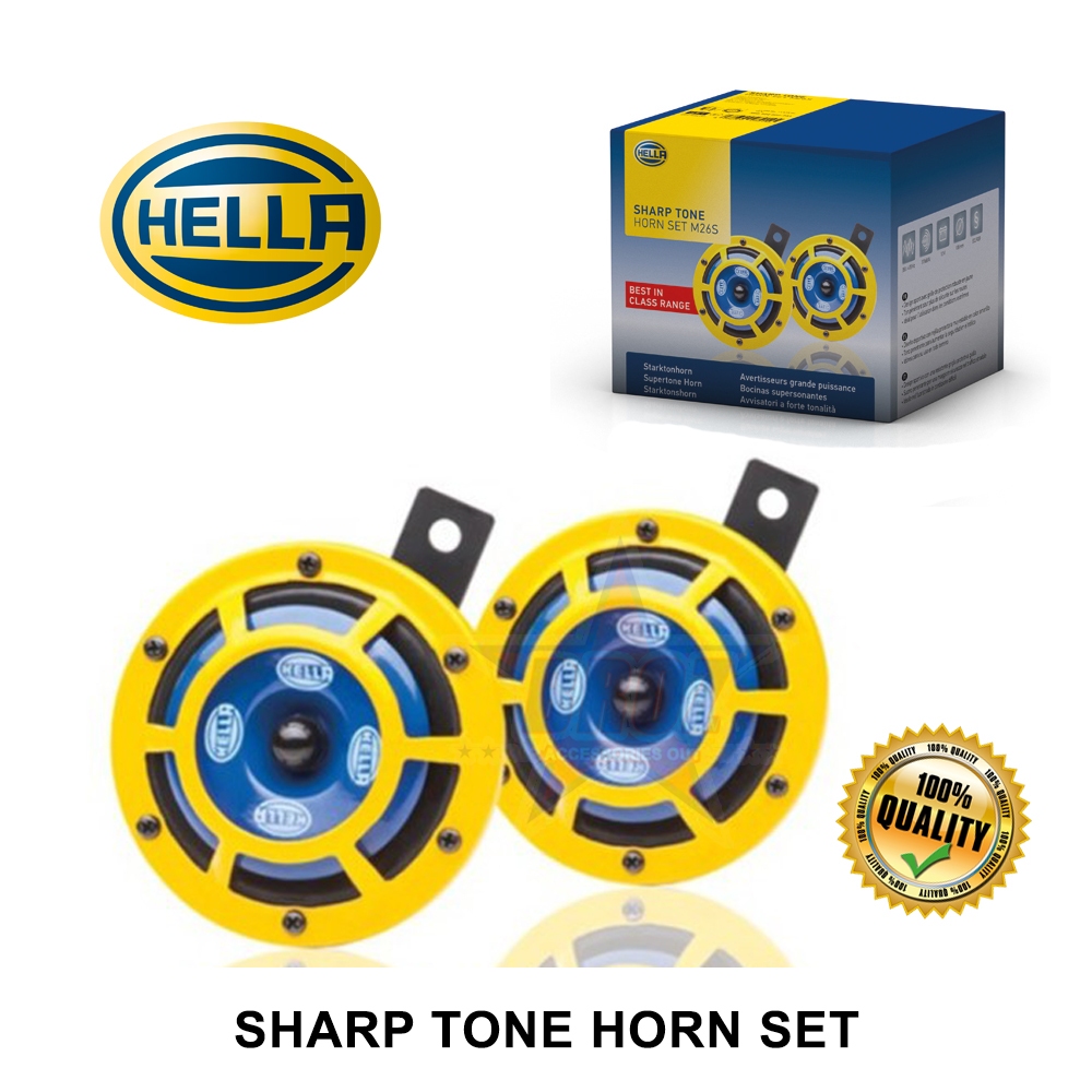 Hella Sharp Tone Horn Set ( Yellow / Set Sharp Tone Horn Kit Protective Grill ) Car Motor Horn Kereta