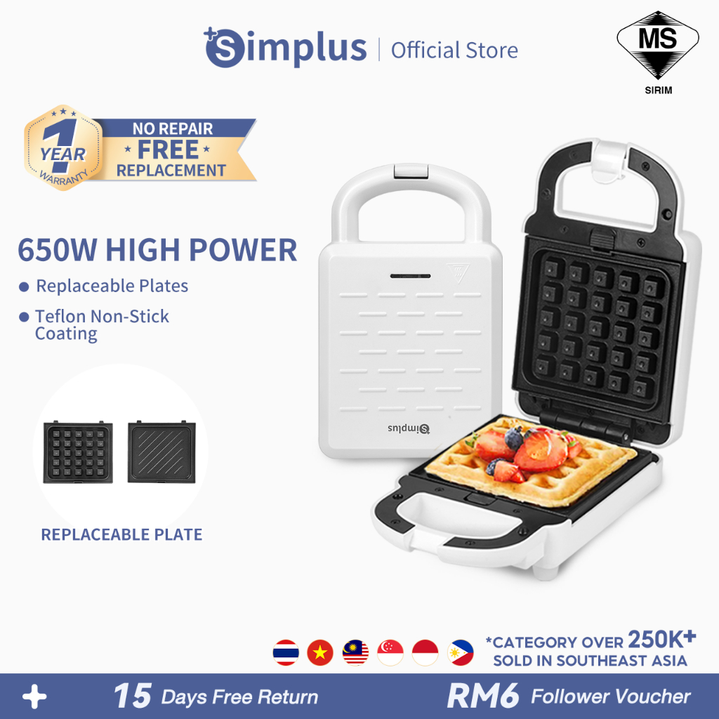 Simplus Sandwich Maker Waffle Maker 650W Removable Plate Multifunctional Breakfast Bread Toaster Maker Mesin Sandwic