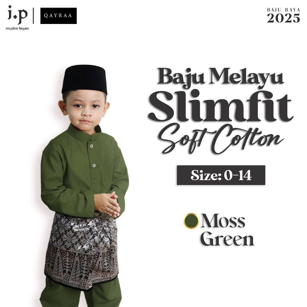 QAYRAA Moss Green Baju Melayu Soft Cotton BUDAK Slim Fit Cekak Musang Baju Raya 2025 - Size 0-14