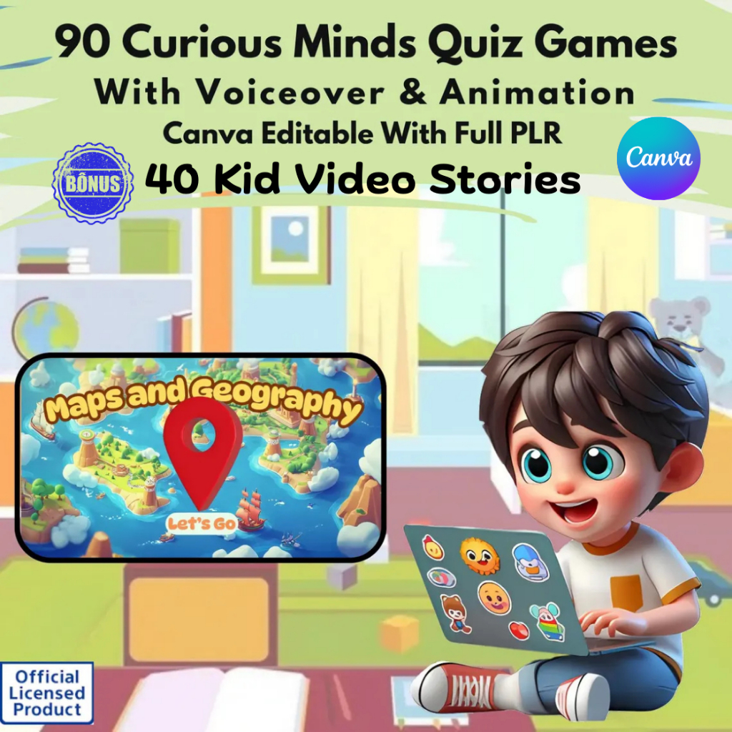 PLR Kids Video Bundle | 90 Kids Quiz Games w/ Voiceover & Animation Canva EditableTemplates