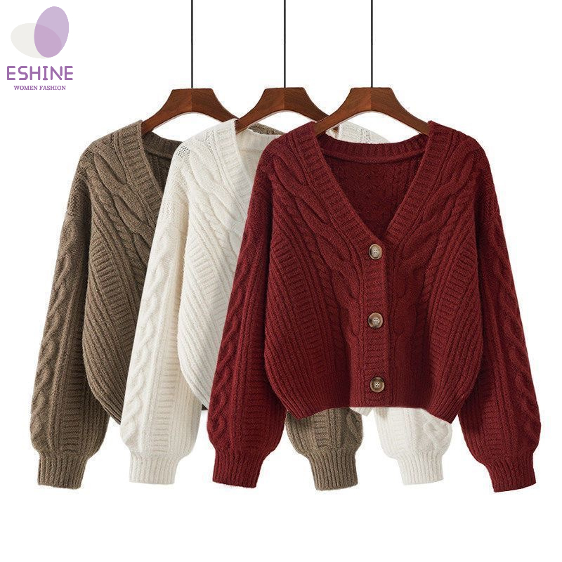 Eshine Knitted Cardigan Woman Baju Knitwear Plus Size Baggy Crop Knit Wear Kardigan Retro Style 052