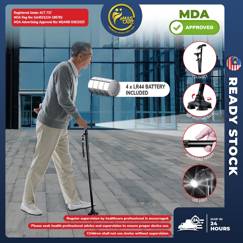 Walking Stick Foldable Adjust Height Tongkat Cane Pivot LED Trusty Crutch Cane Magic Tongkat Lipat Bantu Jalan (Black)