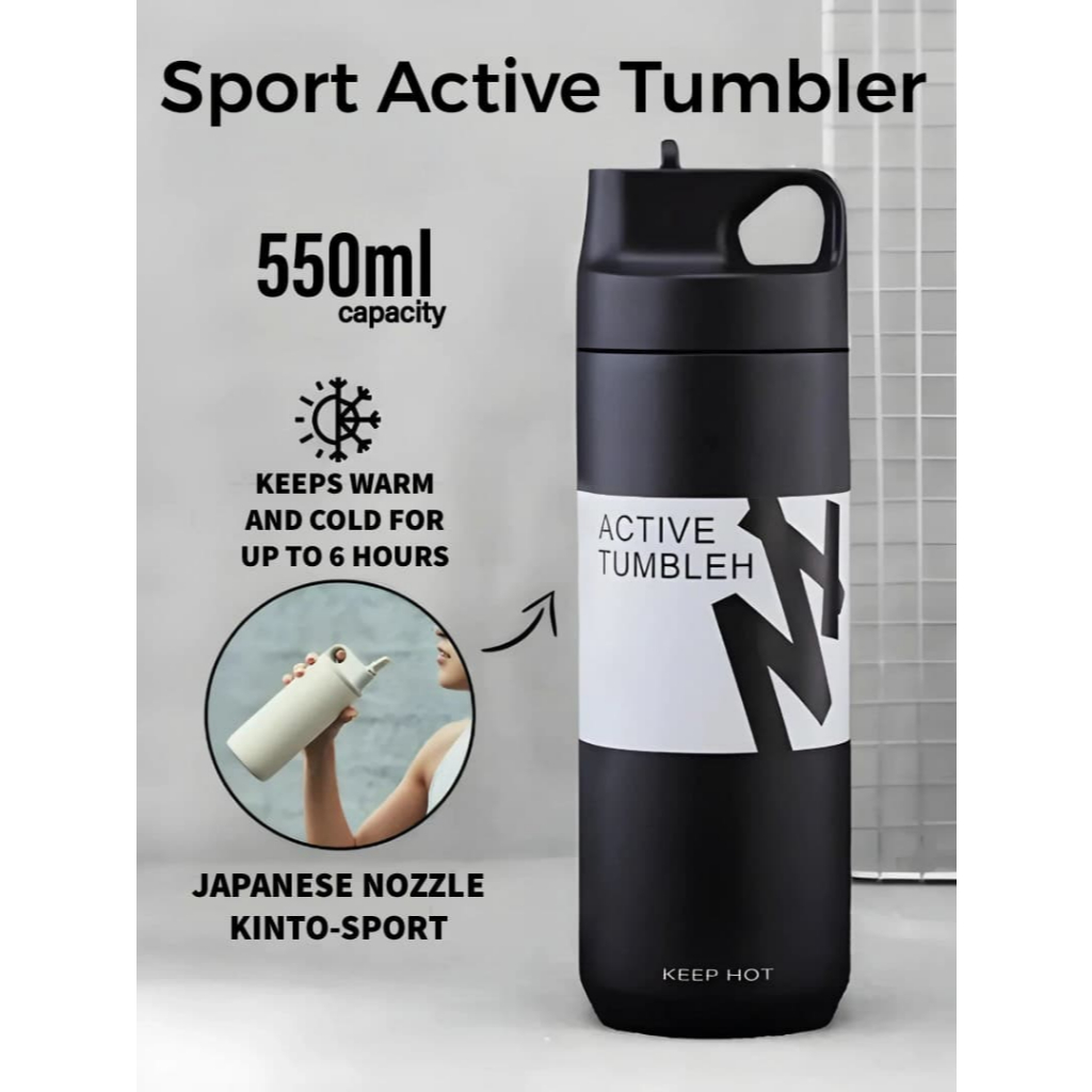 Active Sport Tumbler Japanese Style Nozzle Thermos Vacuum Flask Mug 550ml Portable 304 Stainless Steel Bottle with Straw