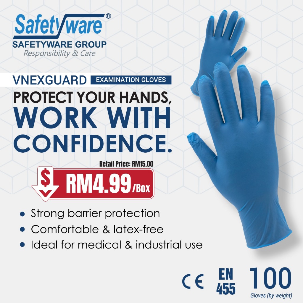 (100 Pcs) Safetyware VNEXGUARD Vinyl Nitrile Blend Exam Gloves Powder Free Rubber Glove Latex Free Disposable