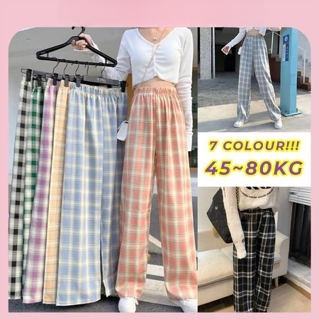 【NEW】Korean Style Checkered Long Pants Wanita Seluar Panjang High Waist Loose Fit Comfy Casual Trousers Homewear 7J