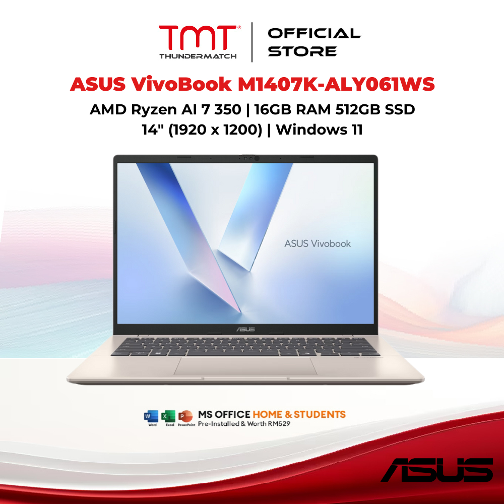 ASUS VivoBook M1407K-ALY061WS Laptop | AMD Ryzen AI 7 350 | 16GB RAM 512GB SSD | 14" (1920 x 1200) |