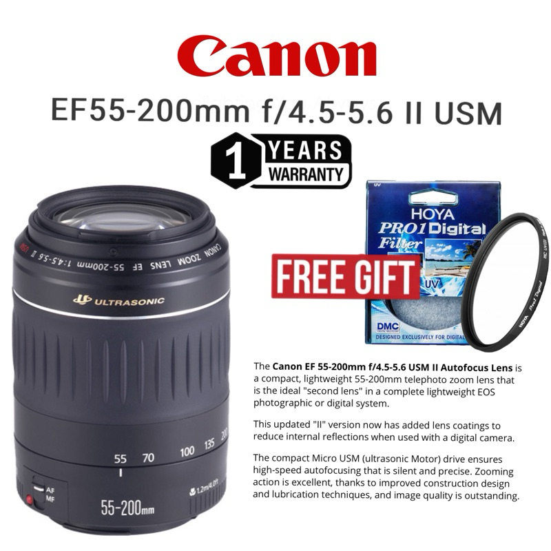 CANON EF 55-200MM F/4.5-5.6 II USM ZOOM LENS (1 YEARS WARRANTY) ZOOM ULTRASONIC VERSION II LENS CANON EOS ZOOM LENS 200