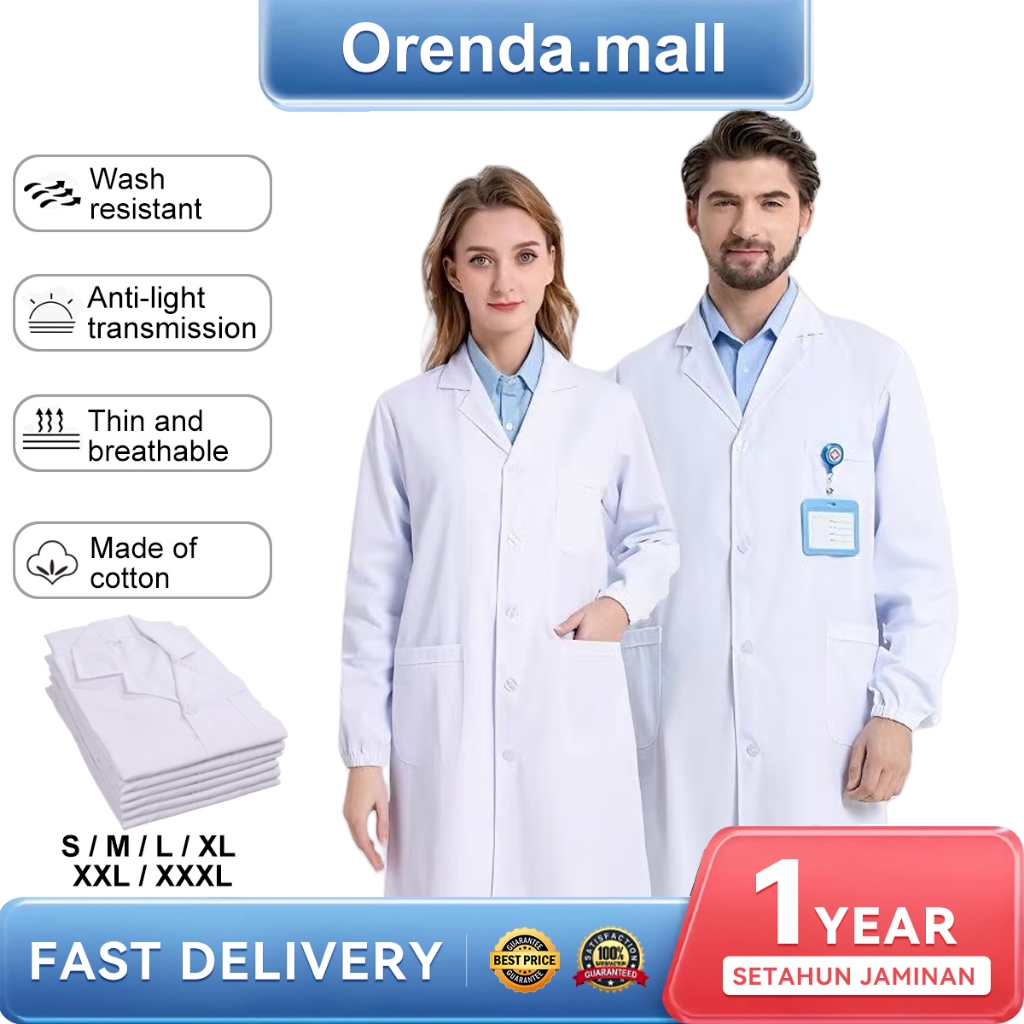 READY STOCK Lab Coat / White Coat-Long Sleeve/Doctor uniform/Doc coat S-XXXL button cuffs All Size